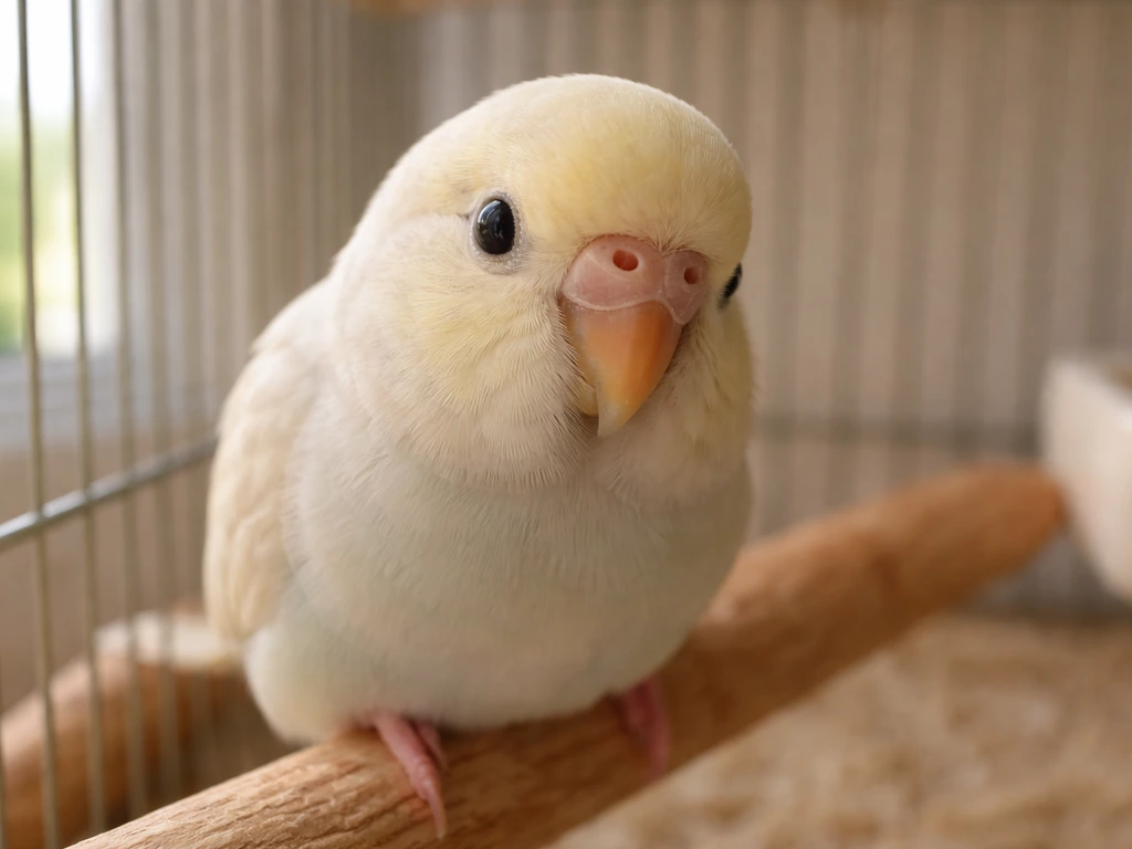 Calm pet bird perched inside its cage, close-up showing nostril area to suggest a stuffy nose triage.