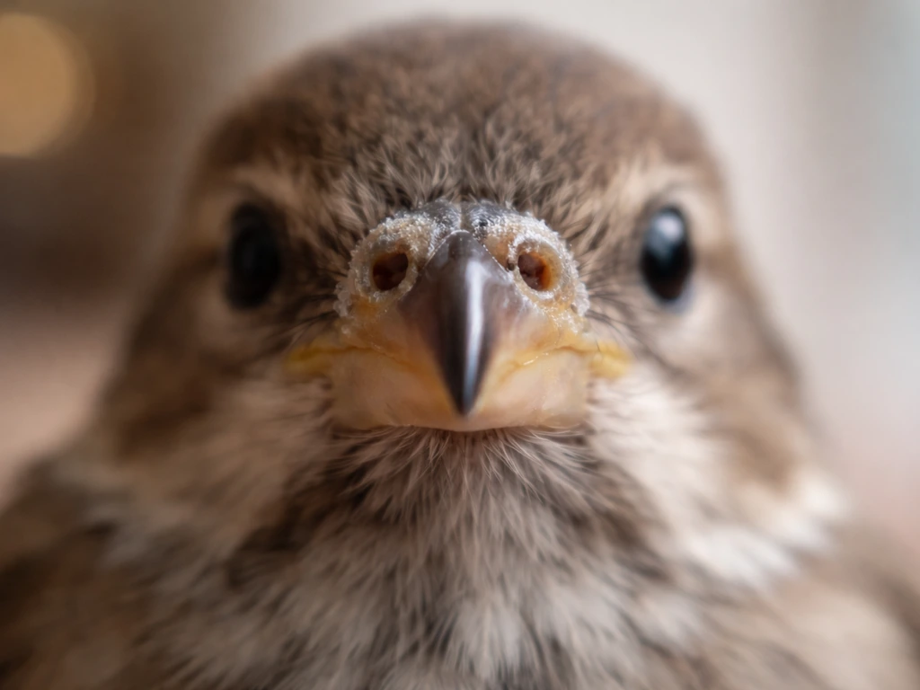 Close-up of a bird’s beak nares with slight watery discharge and mild crusty swelling.