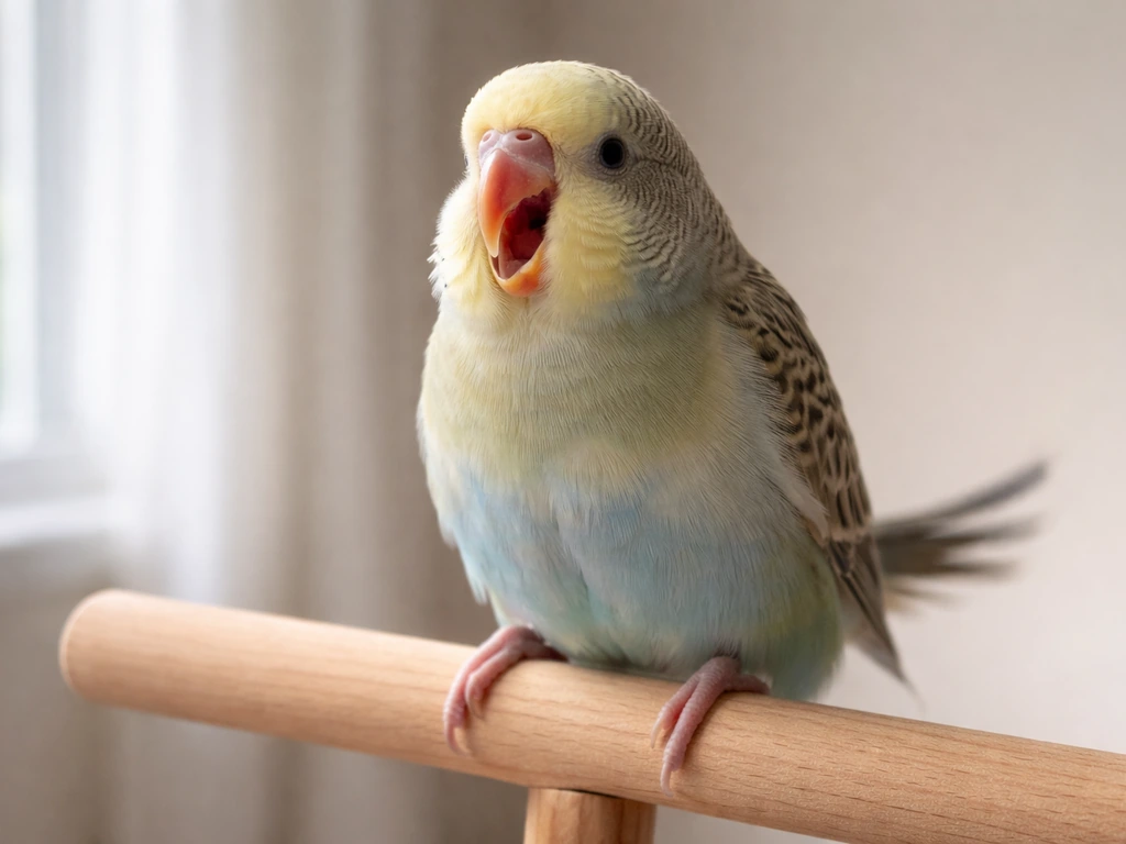 Small pet bird with beak open at rest, showing emergency breathing and slight tail bobbing
