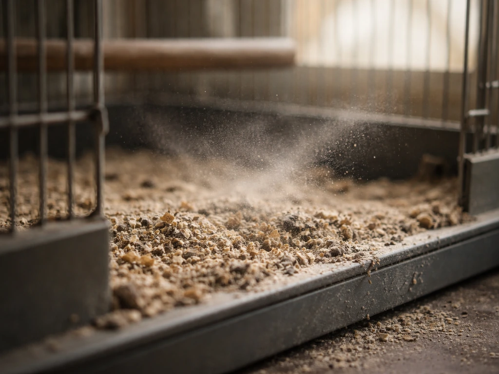 Dusty bird cage bedding with fine particles drifting in airflow, suggesting environmental nasal irritants.