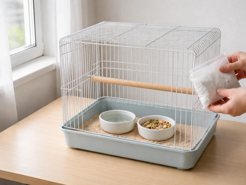 Pet bird cage in a tidy, draft-free spot with fresh water and food, irritants removed.