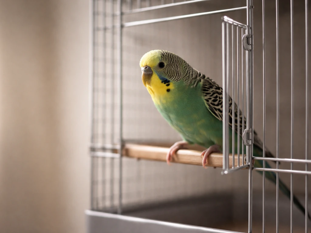 A small pet bird perches in an open cage doorway, looking outward cautiously.