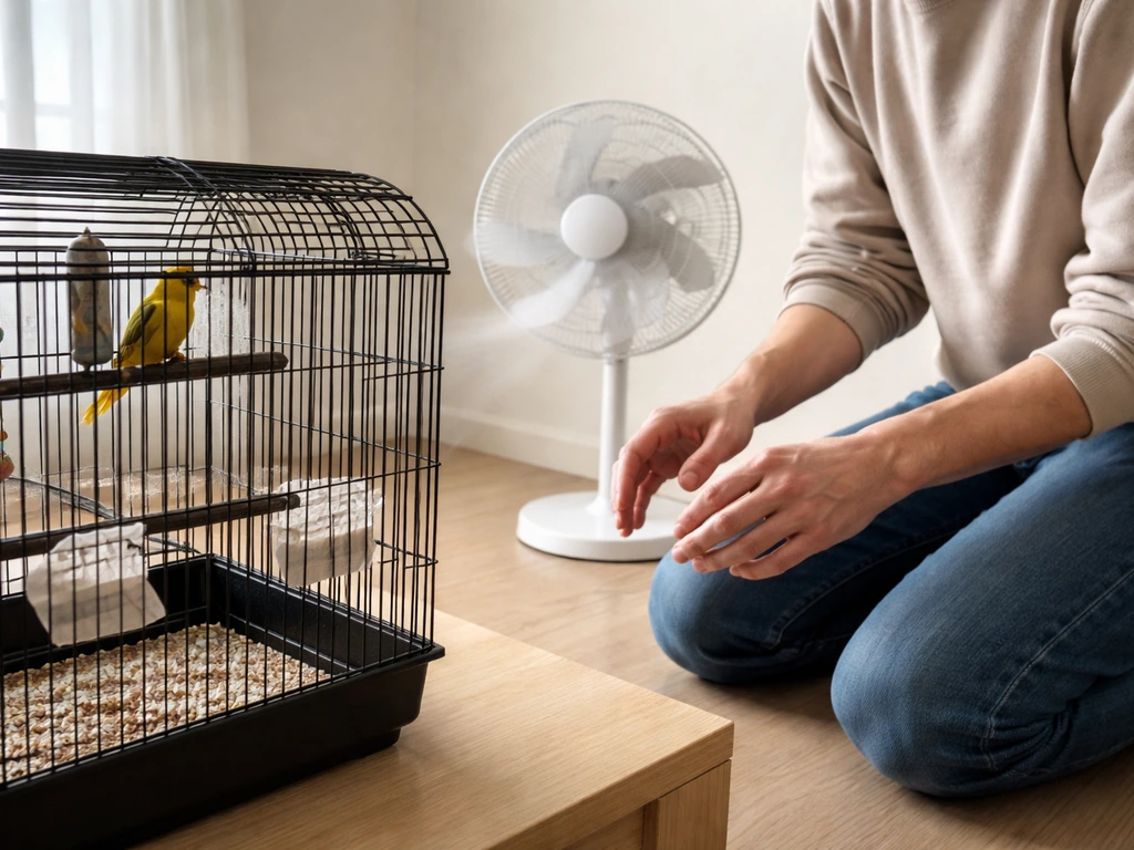 Anonymous bird owner kneeling beside a cage while checking for drafts from a nearby fan.