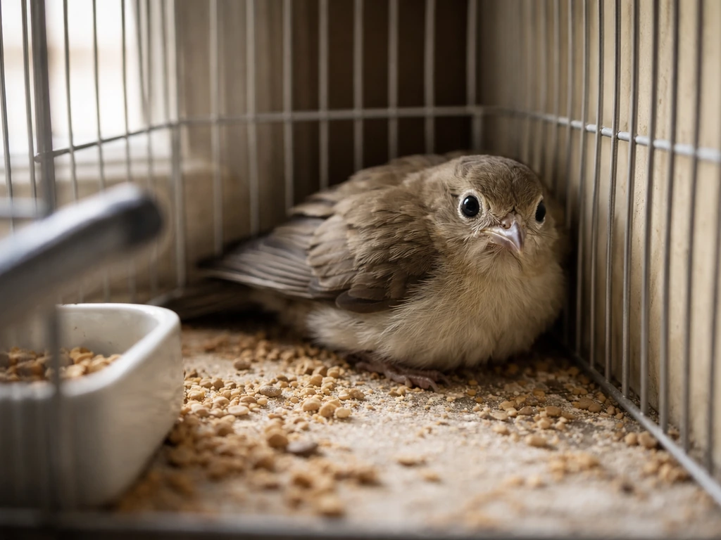 Small pet bird crouched in the back corner of its cage with tightly held feathers, tense and wide-eyed