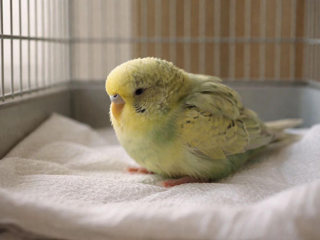 Small pet bird fluffed up and motionless inside a simple cage, looking unwell and reluctant to move.