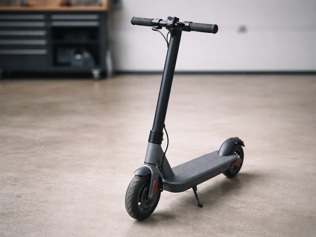 An unpowered e-scooter on a garage floor with the power light off, ready for troubleshooting.