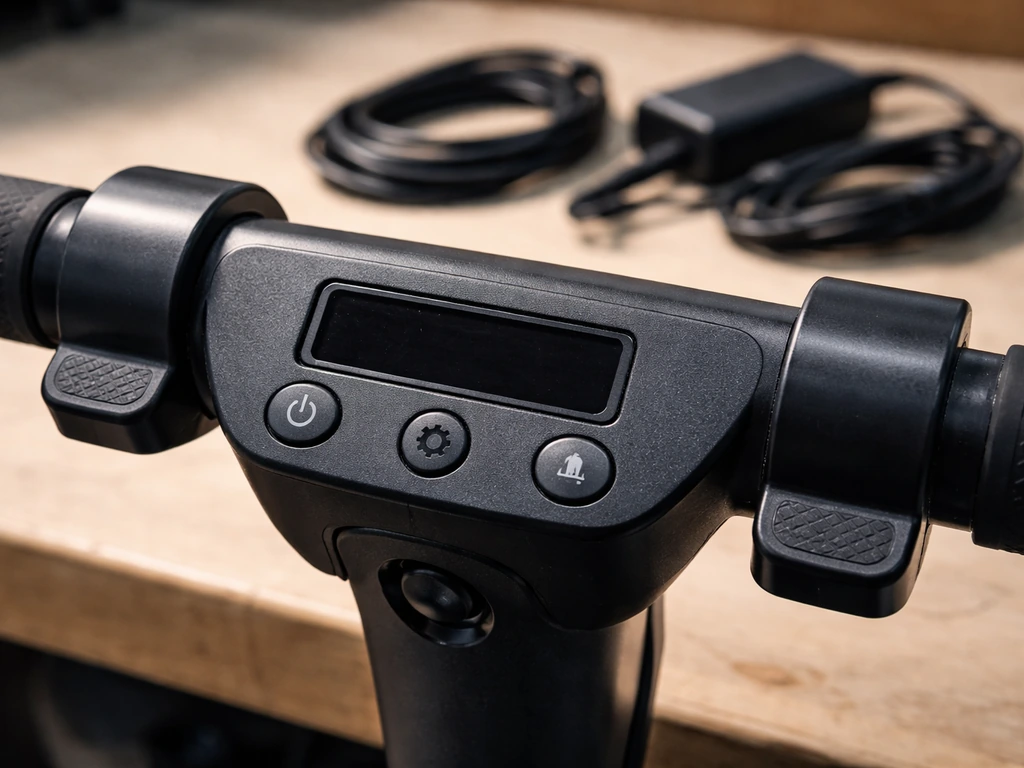 Close-up of an electric scooter control panel with power indicators unlit, cables visible.