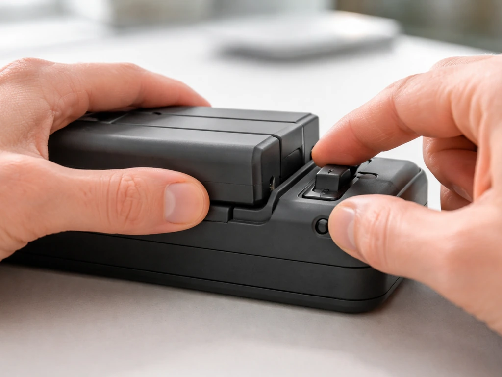 Hands pressing a battery pack into place and moving a power toggle fully to ON on a generic device.