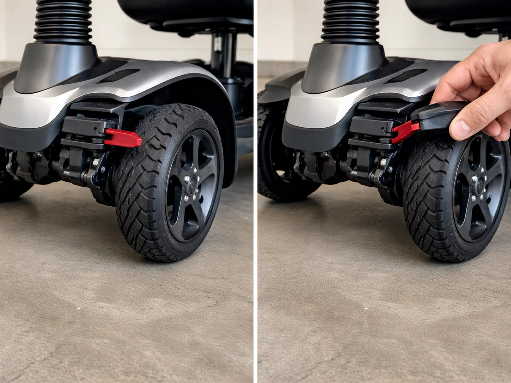 Electric scooter with brake mechanism exposed, showing brake lever engaged beside the wheel