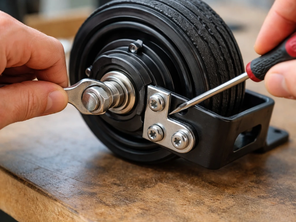 Close-up of hands tightening axle bolts and bracket screws on a small electric device