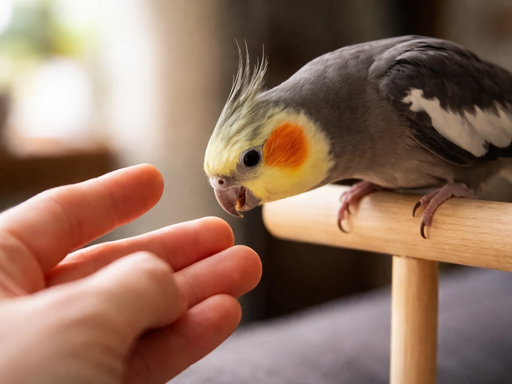 Pet bird testing a human hand with tense posture, about to peck as the hand stays steady.