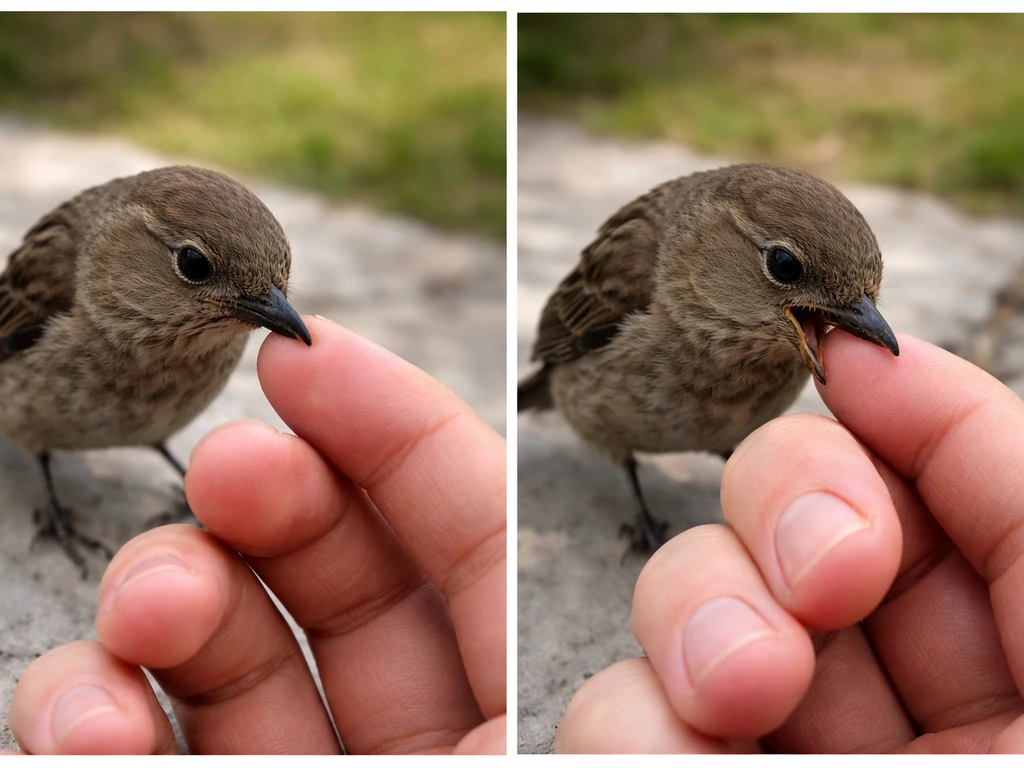 Close-up of a hand held near a small bird: gentle nibble versus a firmer clamp bite shown side-by-side.