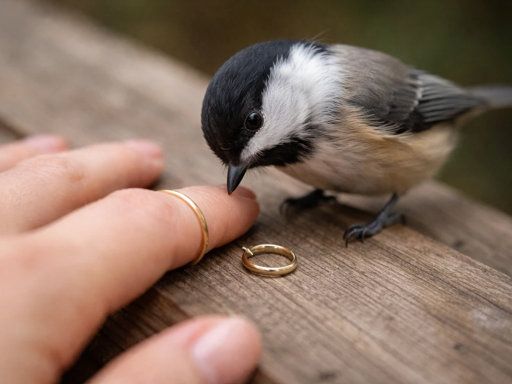 Close-up of a small bird gently investigating a human ring, earring, and skin texture with its beak.