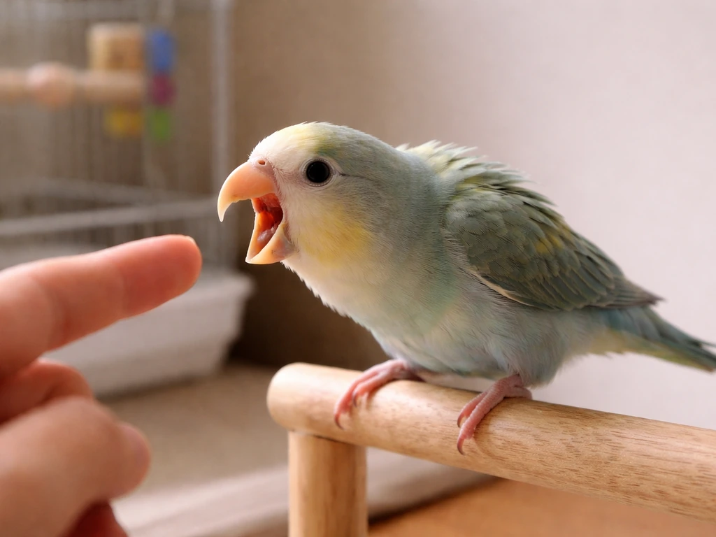 Pet bird bites near a perch while backing away, tense fearful posture during careful handling.