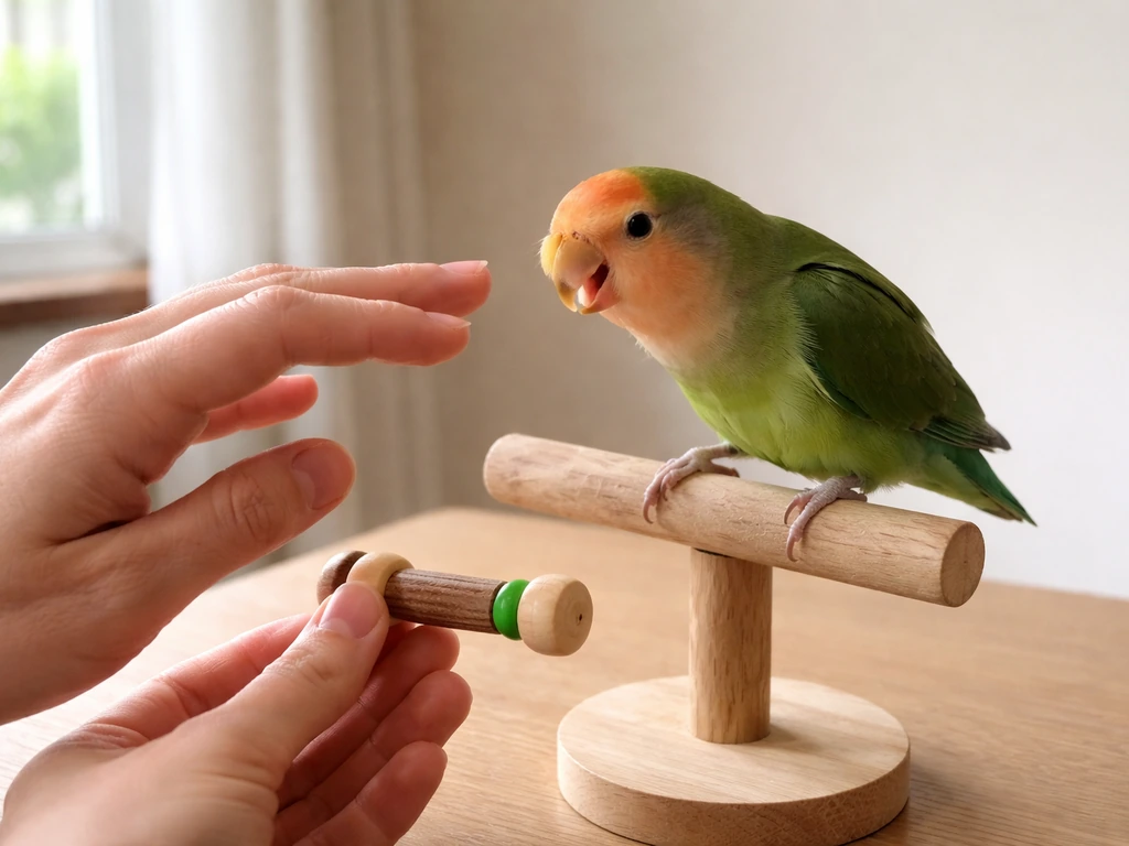 Hand reaching away as a small parrot is offered a perch instead of biting