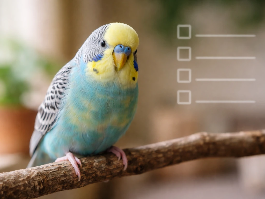 Close-up of a pet bird perched near a blurred checklist-style graphic, suggesting parasite symptom checks.