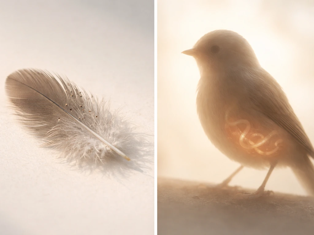 Close-up of a bird feather with tiny mites, paired with a subtle internal worm-like concept view.