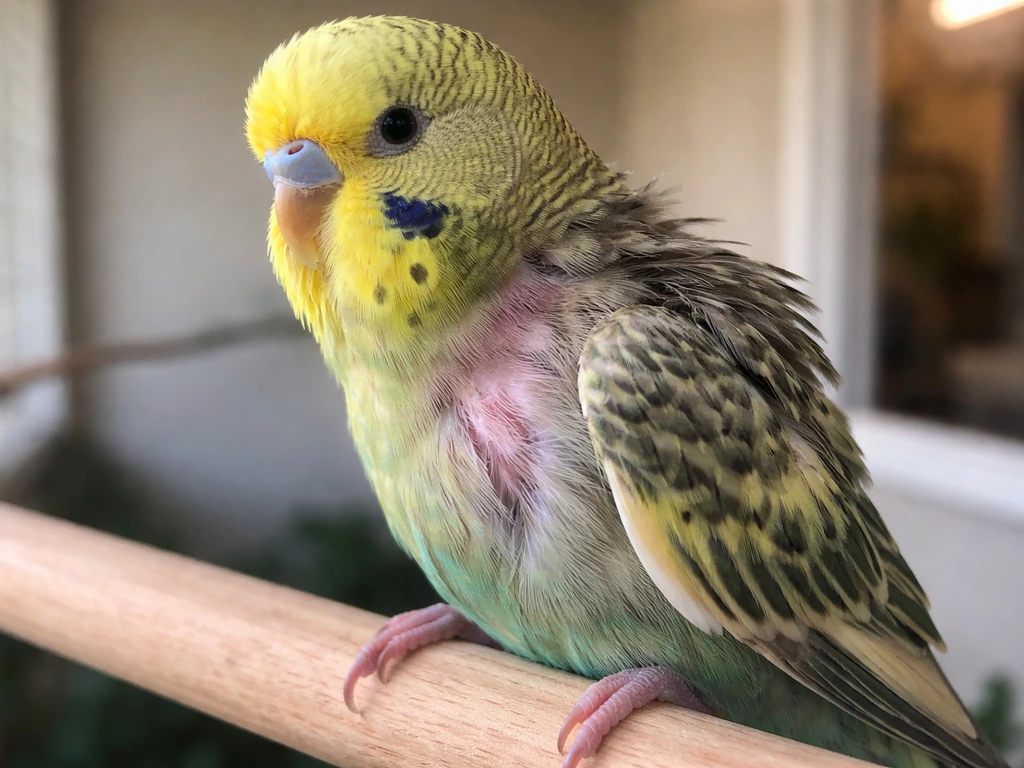 Close-up of a perched bird showing patchy feather loss and ragged, uneven feather edges.