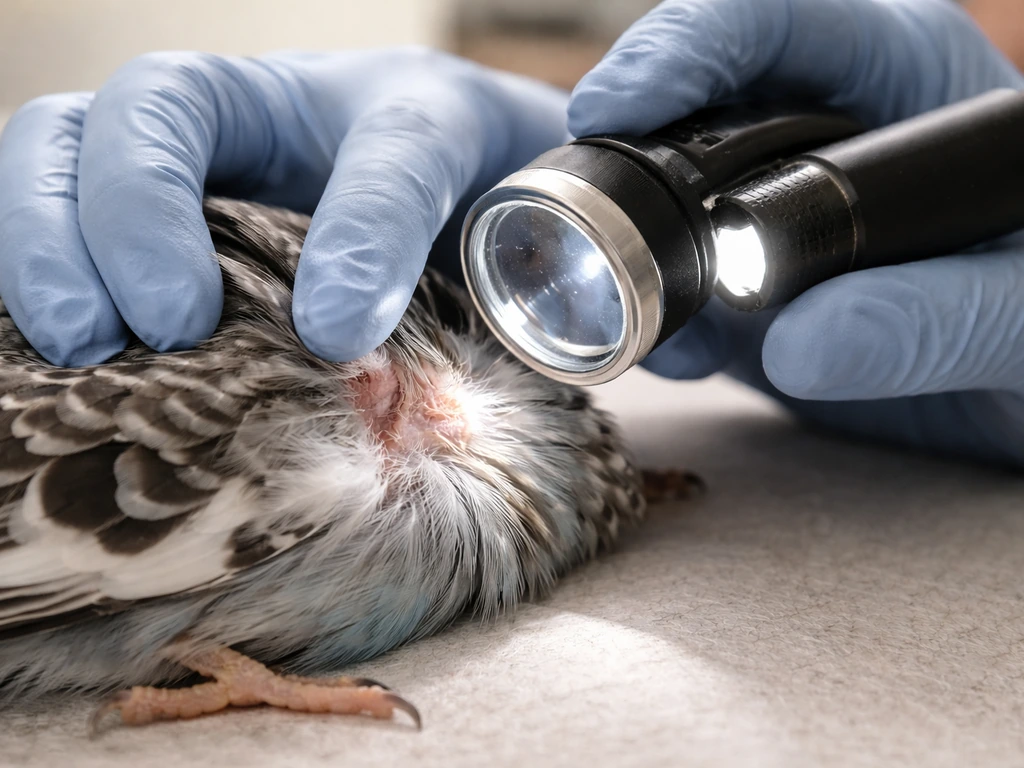 Anonymous vet uses magnifier to inspect a small bird’s feathers and skin for external parasites.