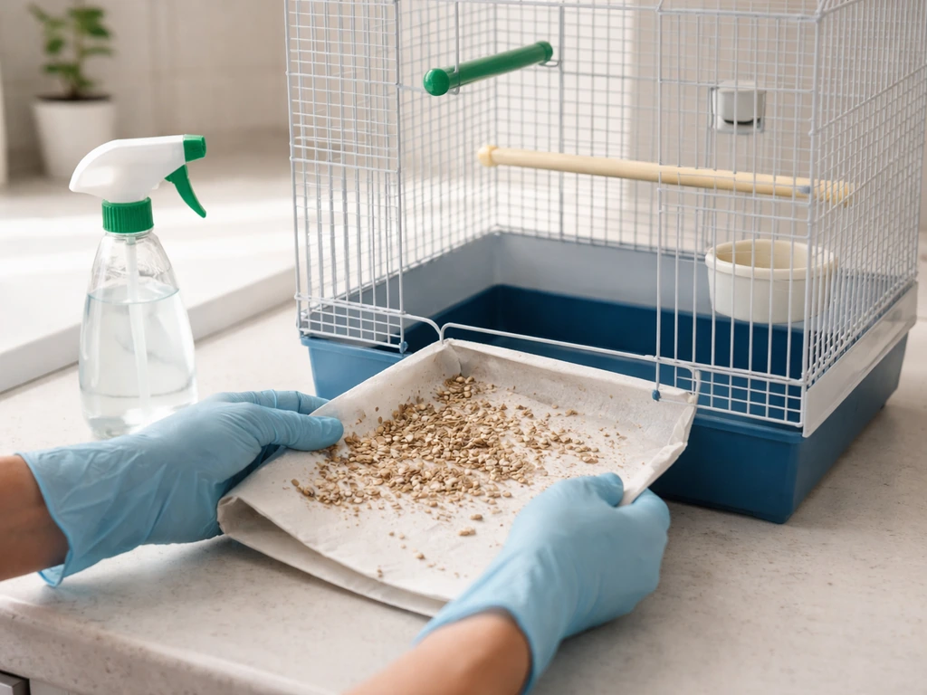 Hands lifting used bedding from a small bird cage while cleaning surfaces with a disinfectant spray