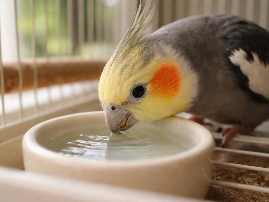 Cockatiel drinking from a water dish in a quiet, natural cage setup.