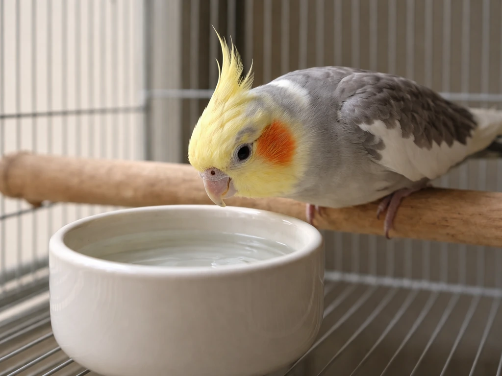 Cockatiel near a small water bowl with subtle, non-constant drinking behavior in a simple home setting.