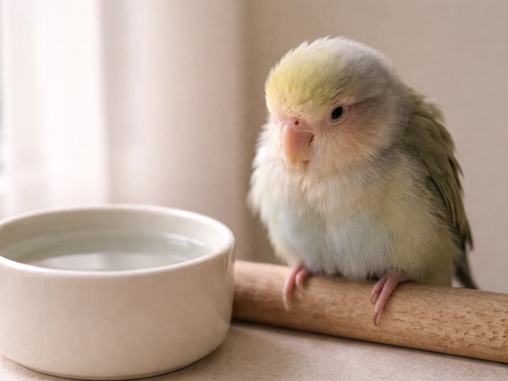 A small fluffed bird with a low-energy posture next to a simple water bowl.