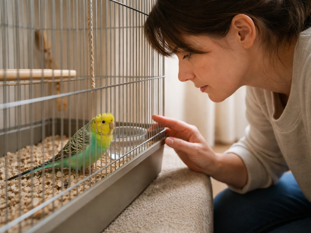 Person carefully checks a bird cage while the bird perches near a water dish.