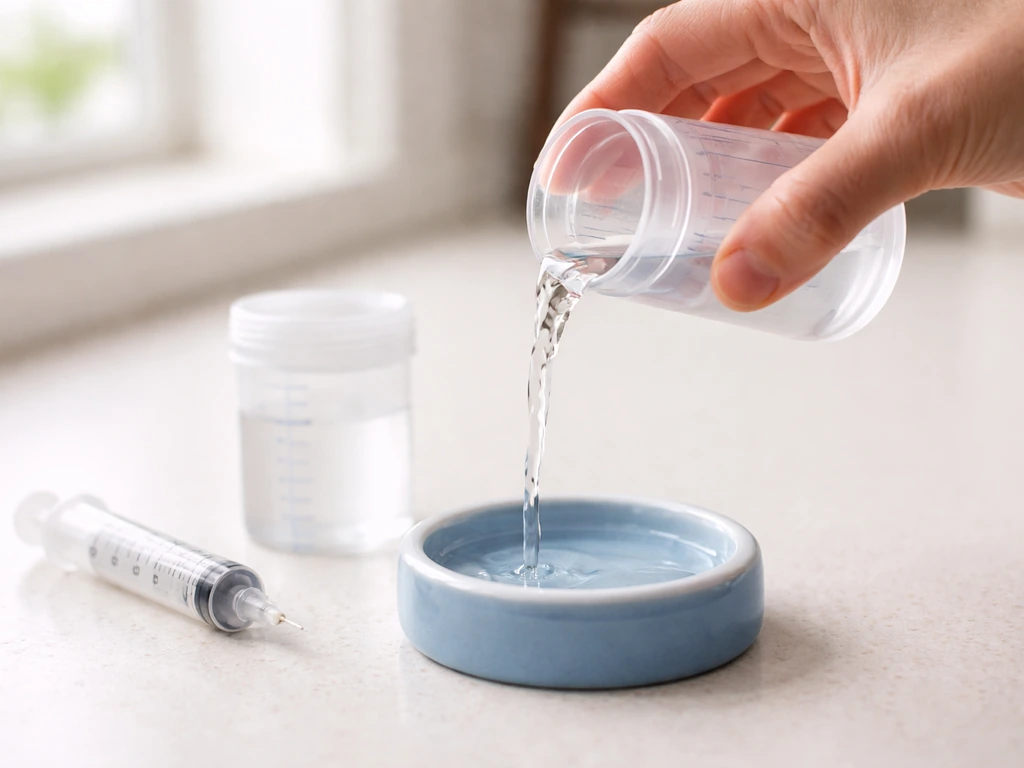 Hand pouring pre-measured water from a marked container into a bird’s water dish using a syringe at home.