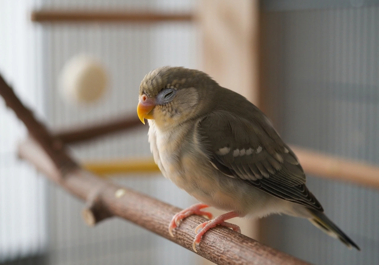 Small pet bird perched calmly with one eye closed and the other partially open