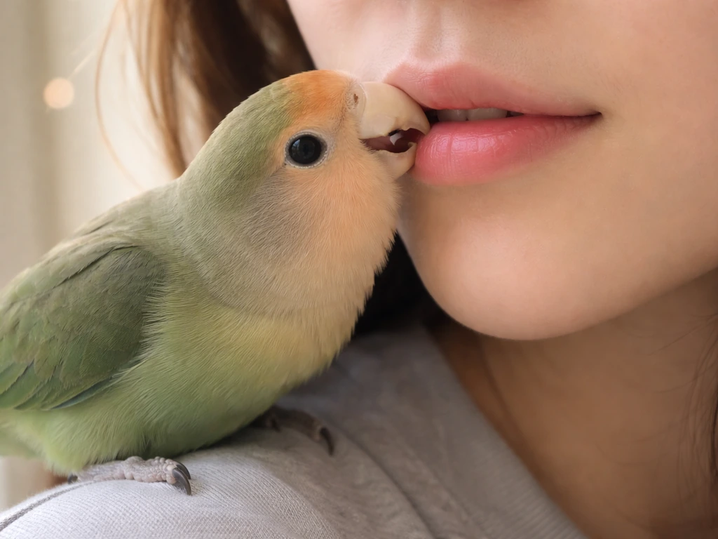 Small parrot perched near a person’s face, gently nibbling the lip in soft natural light.