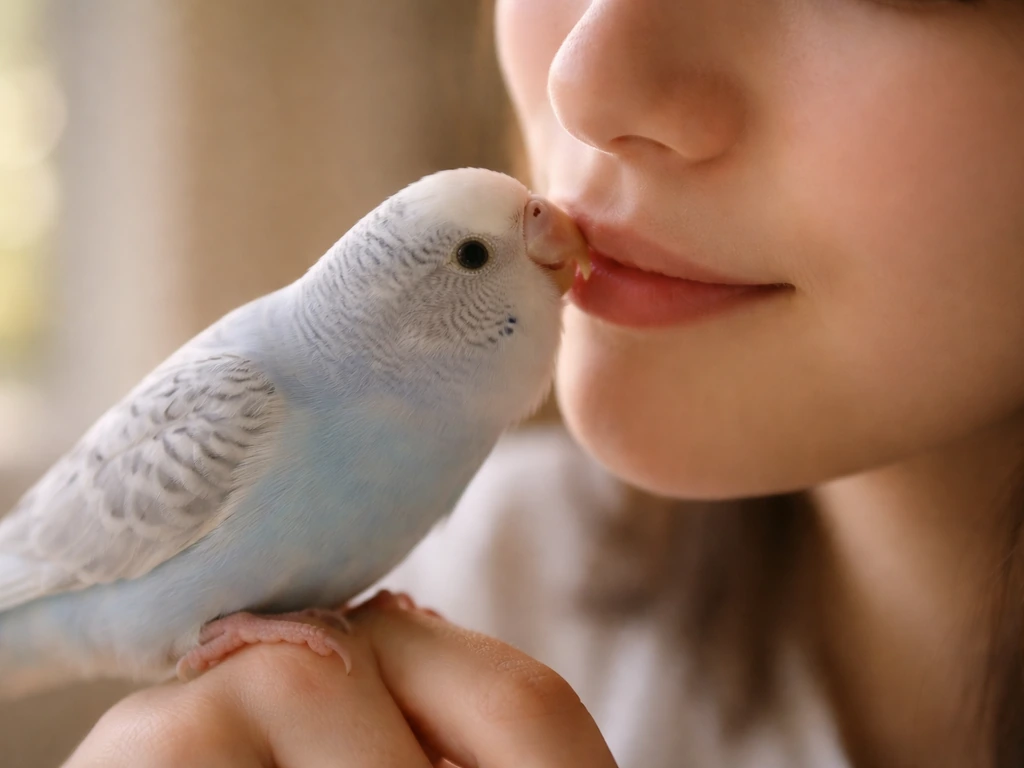 Pet bird gently touching a person’s lips with its beak in a calm bonding moment.