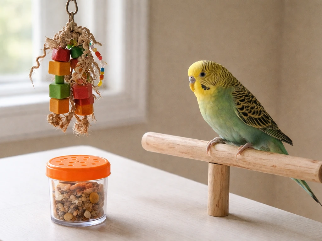 Small pet bird near a simple perch with hanging toys and a foraging treat on a table.
