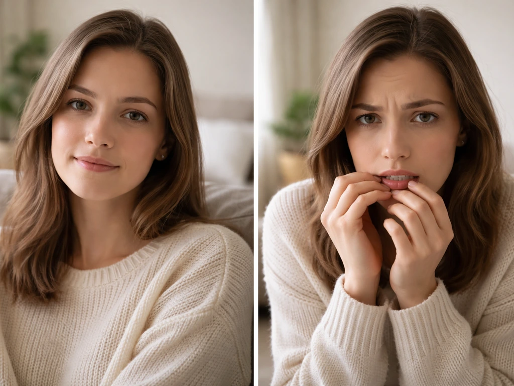 Split photo showing a calm person gently nibbling lips on the left and tense persistent nibbling on the right.