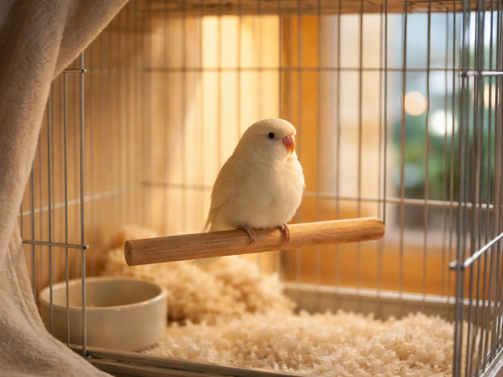 Pet bird perched comfortably in a warm, cozy cage area, suggesting safety from drafts and cold.