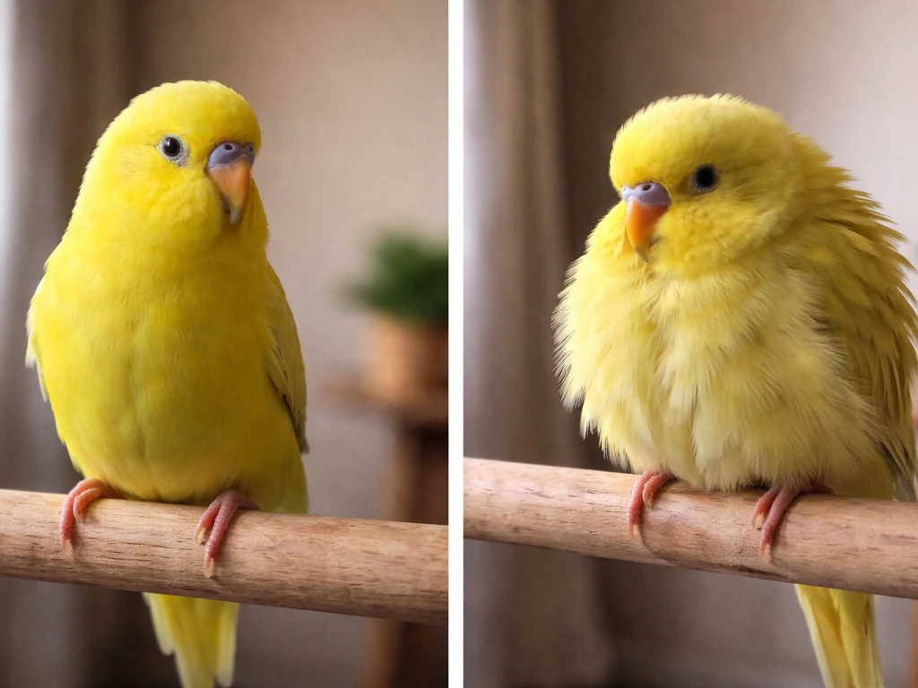 Two small birds on separate perches—one upright and relaxed, the other hunched with puffed feathers.