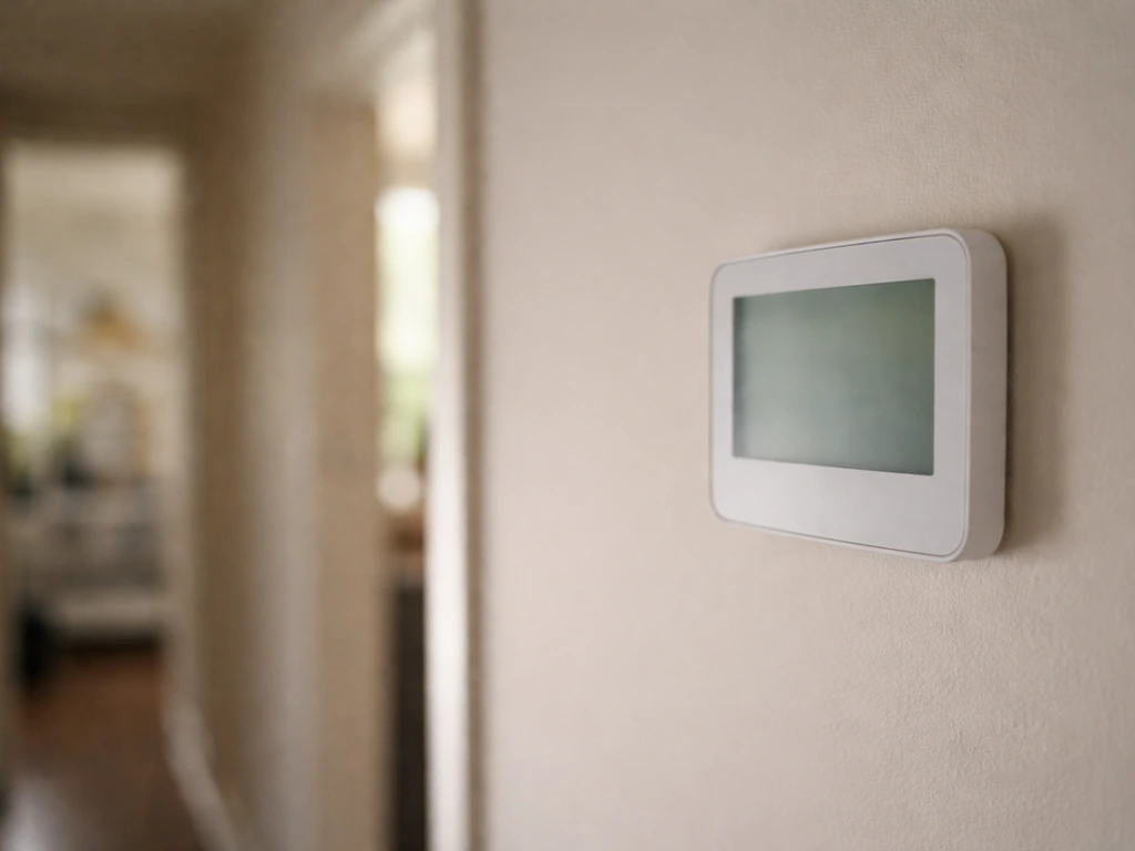 Close-up of a wall thermostat/thermometer near a quiet bird room doorway under natural light.