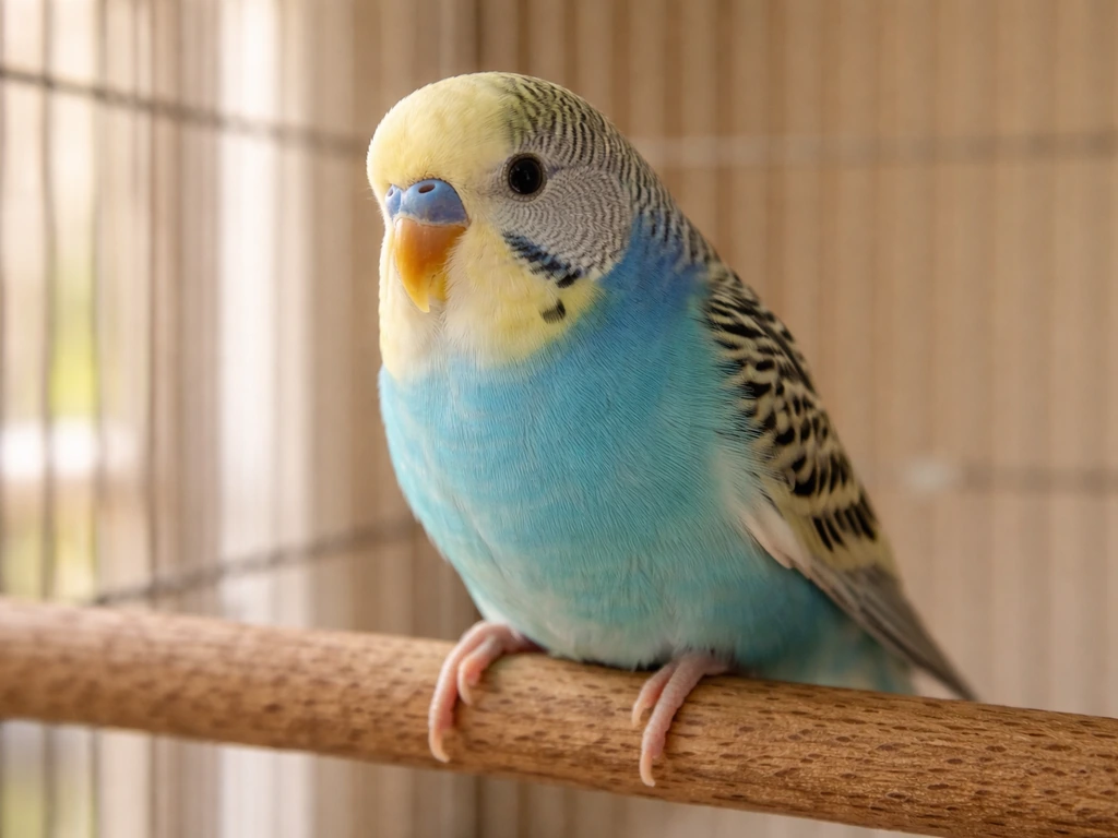 Close-up of a small pet bird perched calmly, with visible gentle tail movement indicating quiet rhythmic breathing.