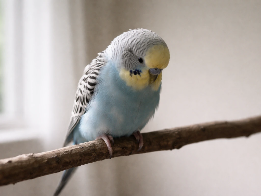 A small fluffed domestic bird perched indoors, looking subdued against a plain background.