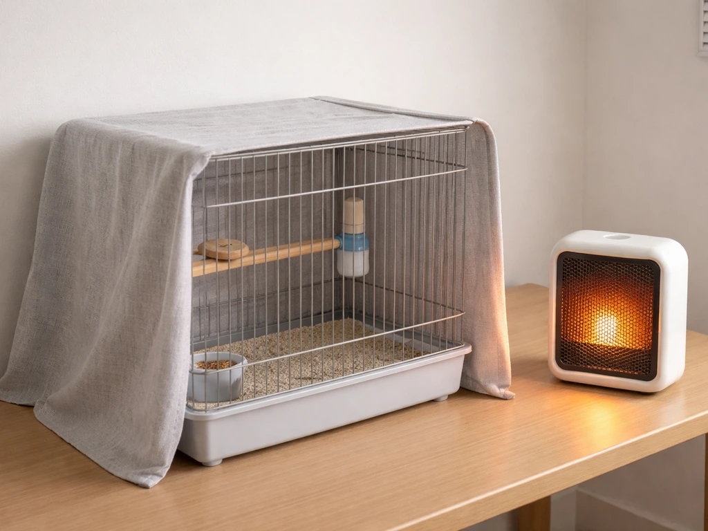 Pet bird cage moved away from drafts with three sides covered and gentle warmth on one side.