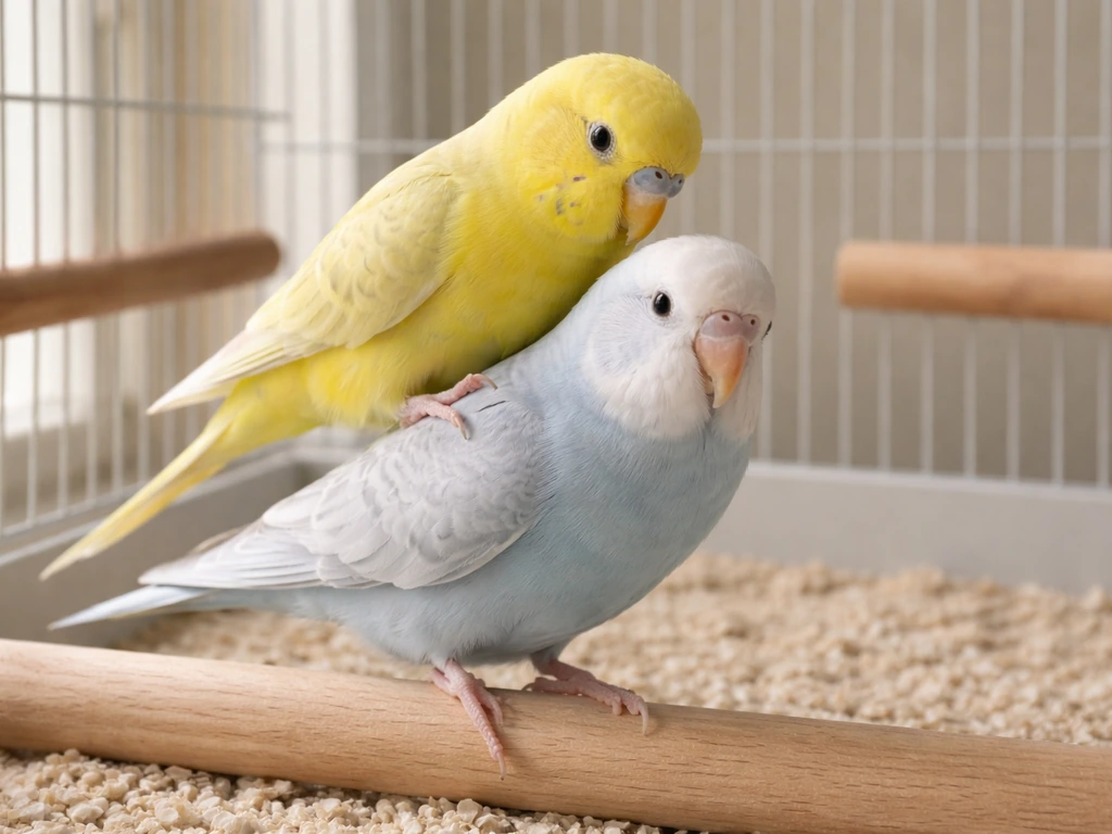 Two pet birds in a calm moment, one gently stepping onto the other in a safe cage setting