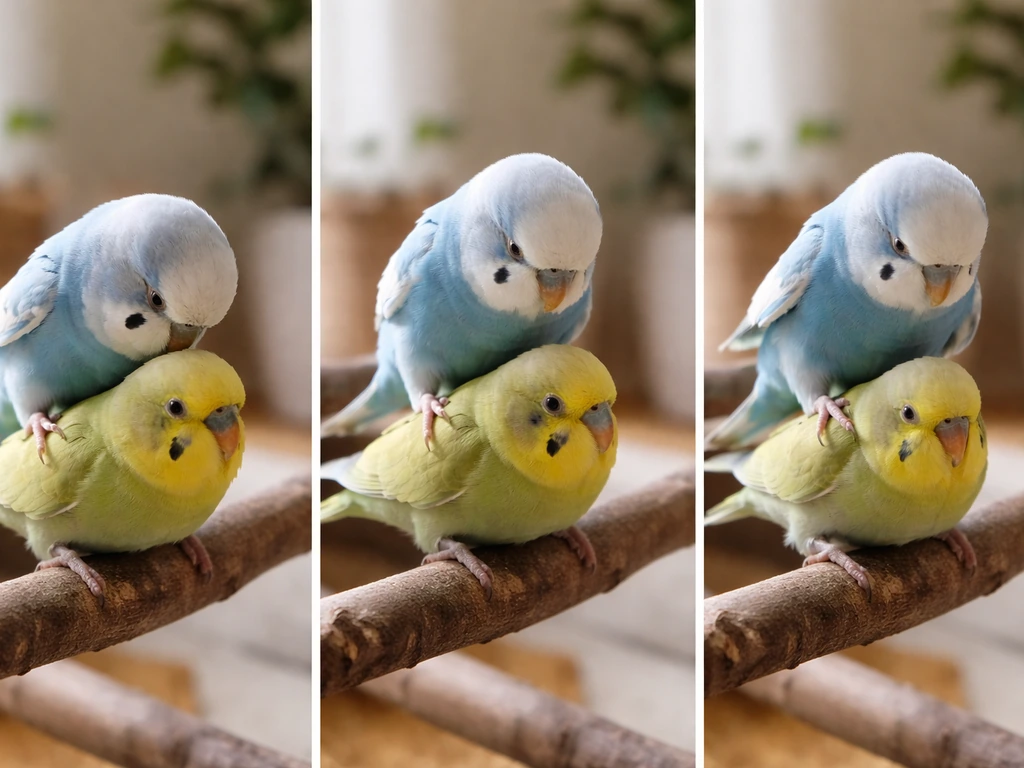Two pet birds perched close together showing mounting, dominance, and playful stepping postures