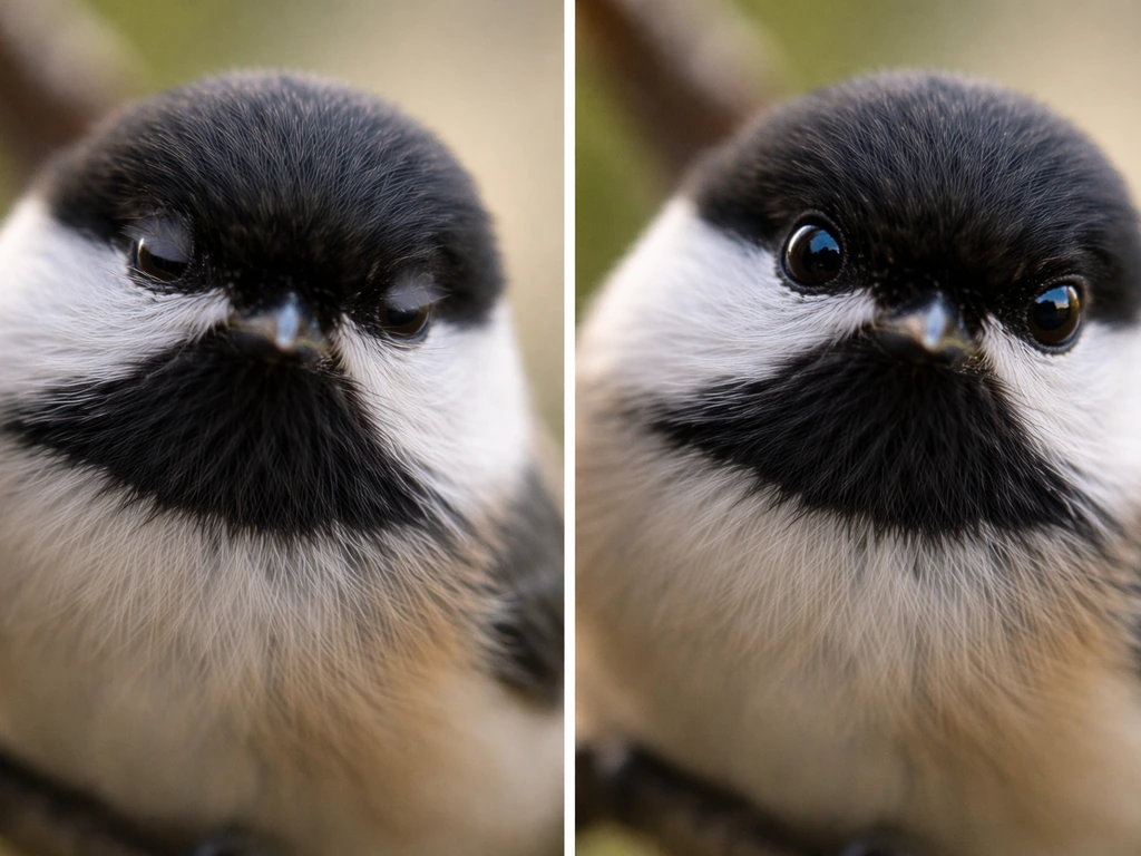 Close-up of a small bird’s eye pinning in two subtle arousal states against a simple branch.