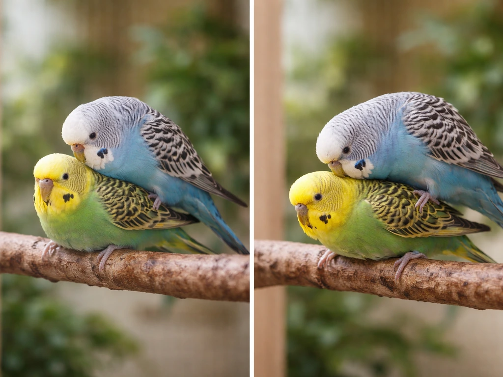 Two pet birds perched close together; one briefly mounts another, then both pause calmly.
