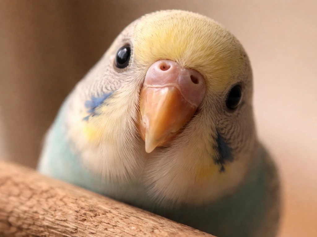 Close-up of a pet bird’s beak and face, inquisitive expression, shallow depth of field on a perch.