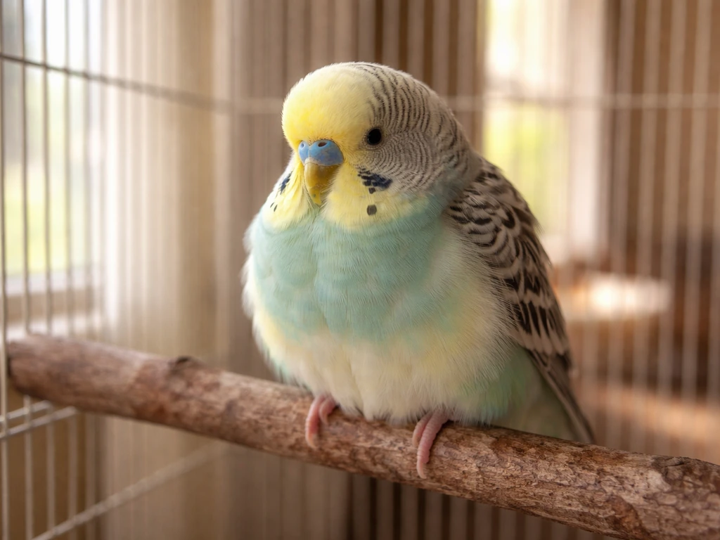A fluffed-up, subdued pet bird perched quietly in a simple indoor cage with soft natural light.