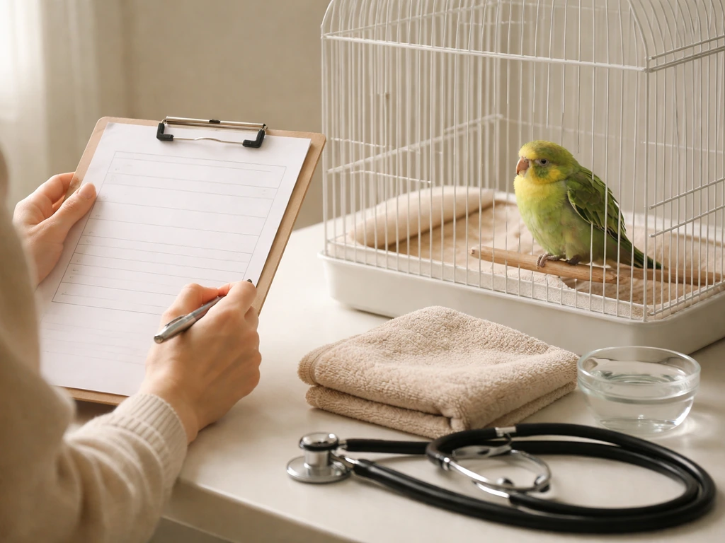 Anonymous avian owner triaging a fluffed pet bird, clipboard beside the cage suggesting rule-out medical causes.