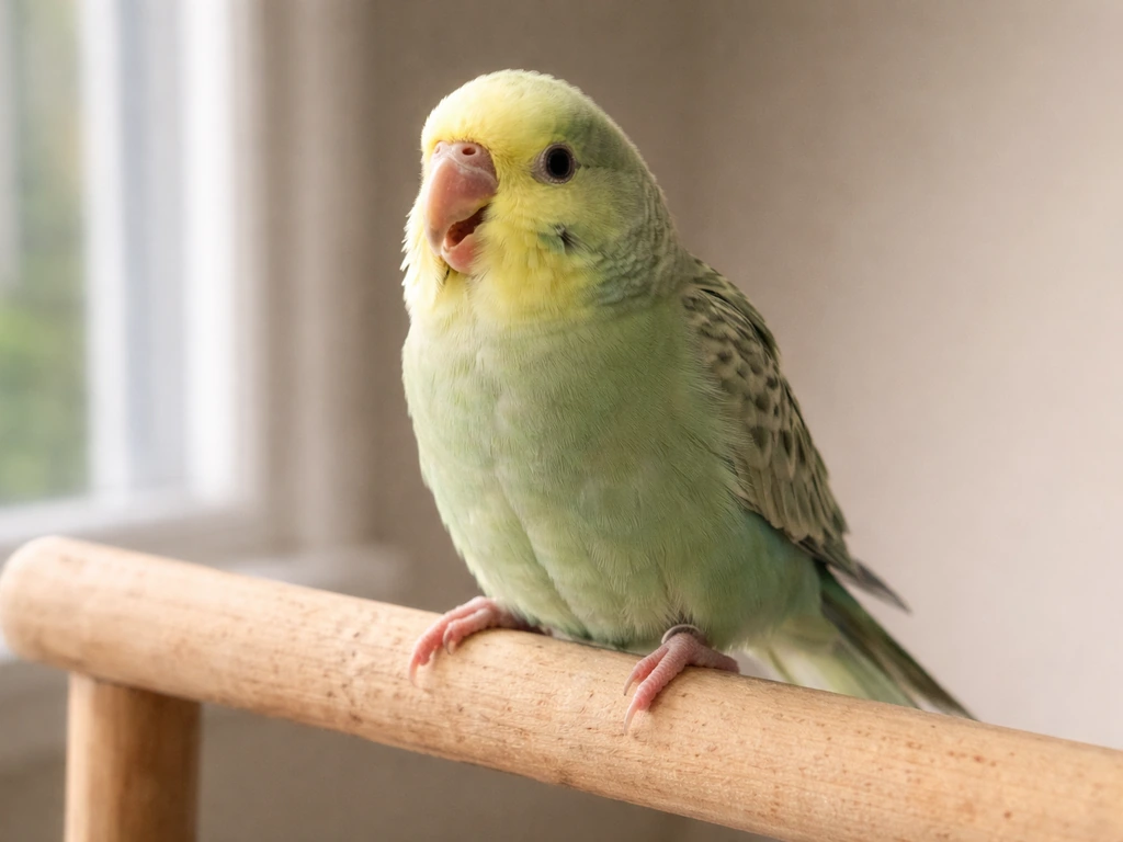 Small pet bird on a perch, mouth slightly open and tail bobbing as it struggles to breathe.