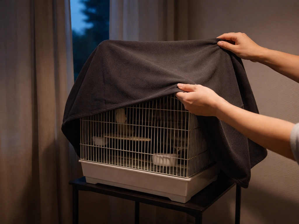 Bird cage covered with a breathable fabric in a dim early-evening room for darkness and quiet.