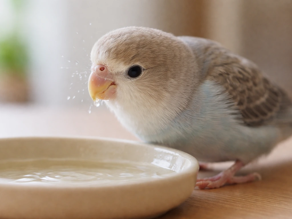 A small bird drinks from a shallow dish with a subtle sneeze, water near its nostrils.